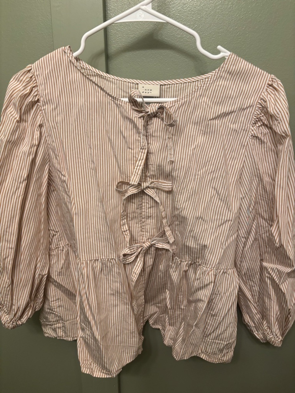 a new day Pink and Cream Striped Tie-Front Peasant Blouse